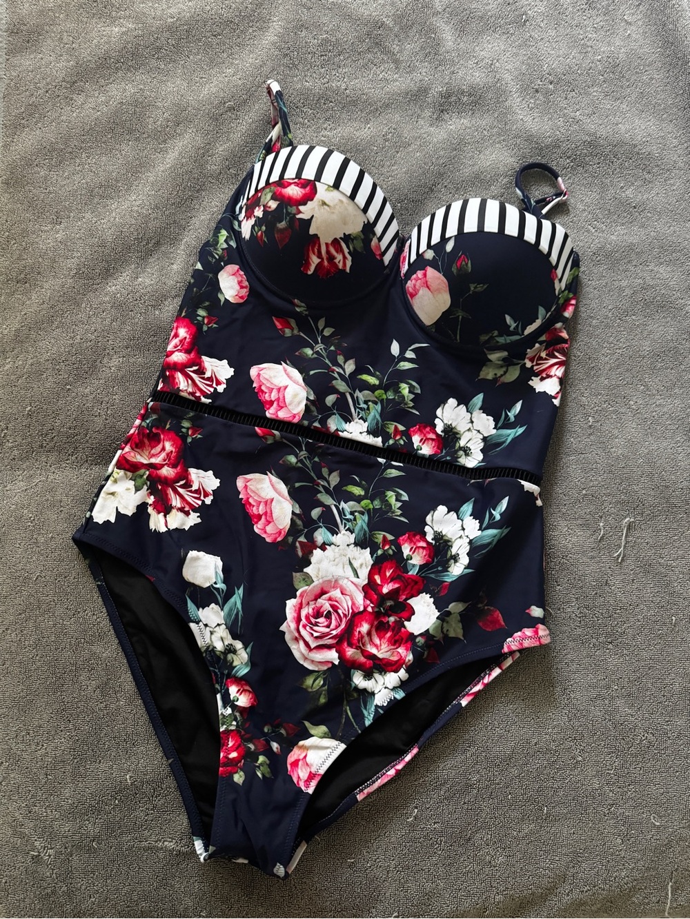 Cupshe Black Floral One-Piece Swimsuit with Striped Trim
